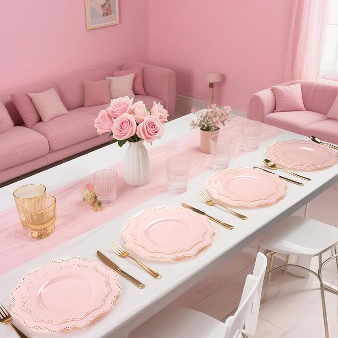 COLOSUS 60Pcs Disposable Plastic Plates Set, Gold Pink Party Plates, 30pcs Dinner Plates and 30pcs Salad/Dessert Plates for Wedding, Party, Anniversary, Daily Use,Valentine's Day
