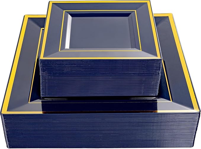 Liacere 100PCS Blue and Gold Square Plastic Plates-50PCS Heavy Duty 9.5inch Disposable Dinner Plates and 50PCS 6inch Blue Dessert Plate - Gold Plastic Plate for Party&Washington's Birthday