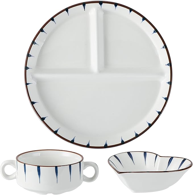 8" Dinner Plate Set, 3-Piece, Compartmentalized Ceramic Plates for Breakfast, Salad, Portion Control and Weight Loss