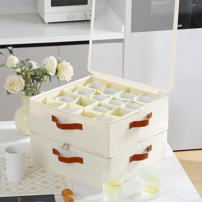 2 Pack Coffee Mug Storage Box with Dividers, Stackable China Storage Containers with Lid, Zipper, and Handles for 32 Coffee Mugs and Cups, Mug Storage Organizer for Packing & Moving, Beige