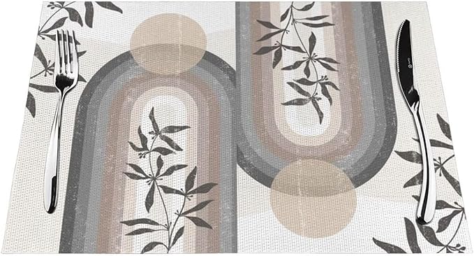 Boho Leaf Mid Century Placematss, Bohemian Plant Mid Century Palm Tropical Abstract Modern Washable Place Mats 12x18Inch for Dining Kitchen Farmhouse Decor 6 PCS