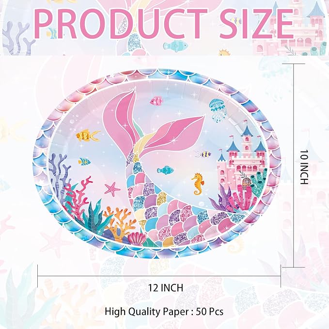 50Pcs Mermaid Birthday Oval Paper Plates 10" x 12" Large Disposable Heavy Duty Iridescence Paper Platters Mermaid Themed Dessert Plates for Under the Sea Themed Birthday Party Supplies