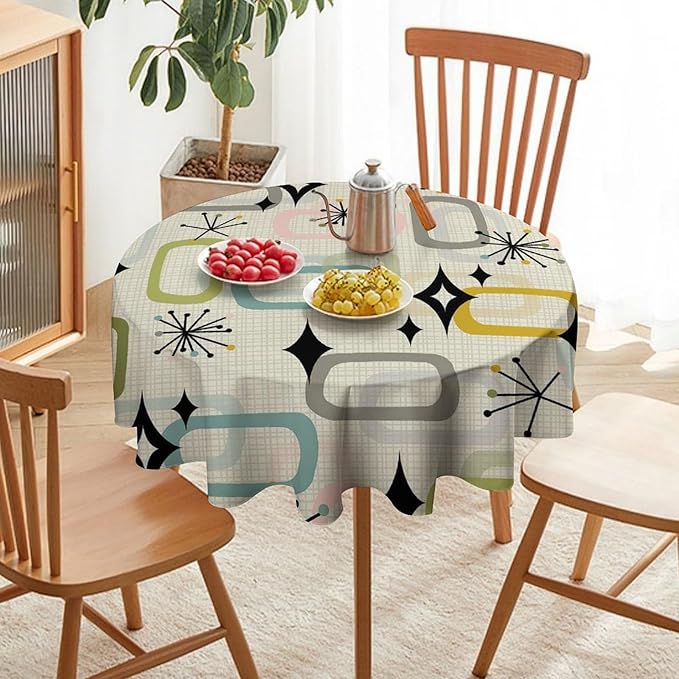 Mid Century Modern Round Tablecloth, Geometry Bohemian Retro Abstract Tablecloth for Home Party Dining Room Kitchen Decor 70Inch(178cm)