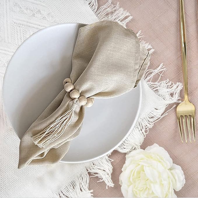 Handmade Napkin Ring with Wood Beads & Jute Twine - Affordable Rustic Wooden Napkin Ring Holder for Table Decoration | Boho Style Farmhouse Napkin Rings | Napkin Rings Set of 6