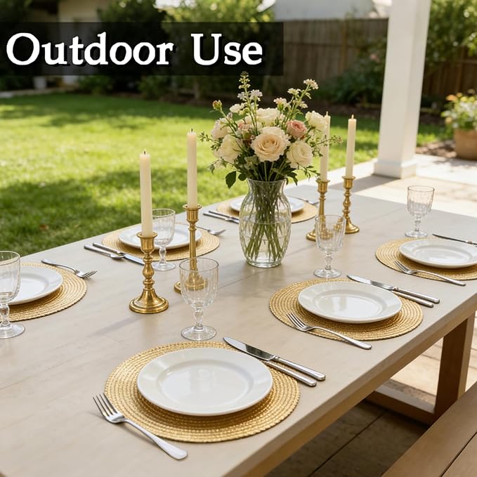 FAVE 8PCS Gold Vinyl Round Placemats, Wheat Sheaf Design 15 Inch Placemats Set of 8 Washable for Dining, Events, Banquet, Home & Daily Use (Gold Wheat,8pcs)