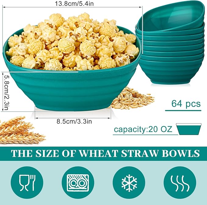 Gejoy 64 Pcs Unbreakable Cereal Reusable Wheat Straw Lightweight Bowls Microwave and Dishwasher Safe Soup Fiber Bowls for Kitchen Serving Salad Rice Snacks (Green)