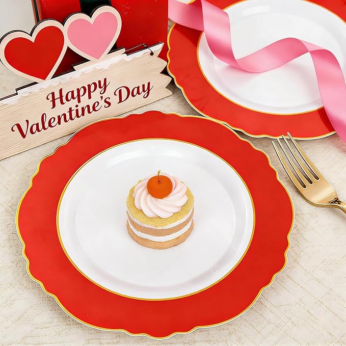 WDF 60pcs Red Valentines Plates with Gold Rim - 10.25inch Red Dinner Plates Disposable Plates Table Decor for Valentine's Day