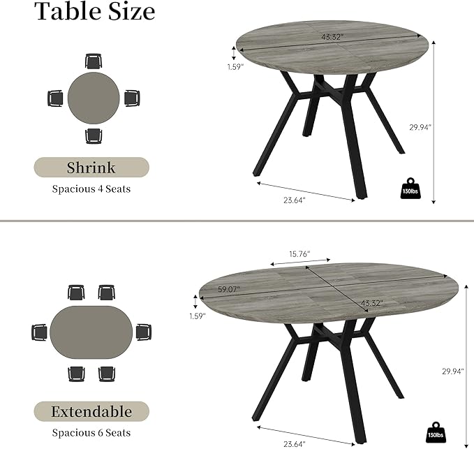 43.3"-59.1" Extendable Round Dining Table for 4-6 People, Modern Kitchen Oval Dining Table with Flexible Leaves Space Saving, Metal Base for Kitchen Dining Room (Grey)