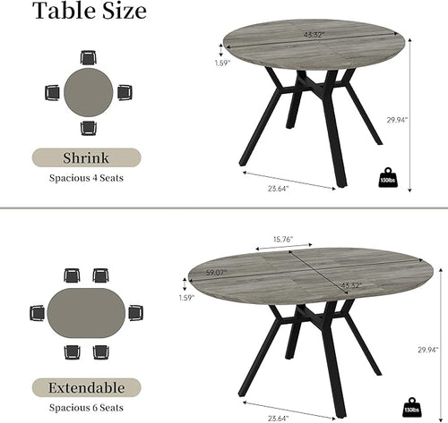 43.3"-59.1" Extendable Round Dining Table for 4-6 People, Modern Kitchen Oval Dining Table with Flexible Leaves Space Saving, Metal Base for Kitchen Dining Room (Grey)