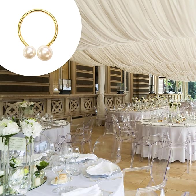 6 Pcs Gold Napkin Rings - Pearl Napkin Rings,Metal Napkin Ring for Table Settings Wedding Christmas Party Dinner Table