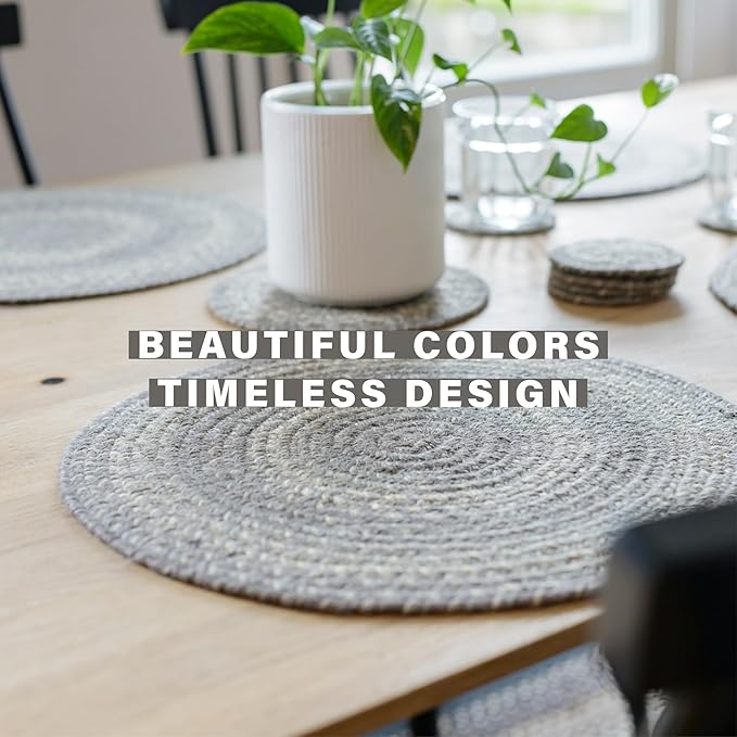 Homespice Grey Cloud Round Braided Placemats, Warm Farmhouse Decor, Set of 2, 15", Grey Jute Table Mats - Vibrant Colors, Durable, Easy to Clean and Protects Furniture
