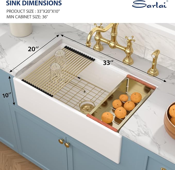 Sarlai 33 White Farmhouse Kitchen Sink - 33x20 Inch Undermount Kitchen Sink Workstation Apron Front Ceramic Fireclay Single Bowl Farmer Sinks Basin With Gold Accessories