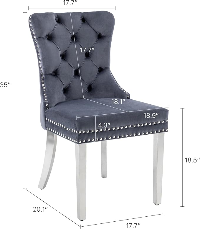 KCC Velvet Dining Chairs Set of 4, Upholstered High-end Tufted Dining Room Chair with Nailhead Back Ring Pull Trim Stainless Steel Legs, Contemporary Nikki Collection Modern Style for Kitchen, Gray