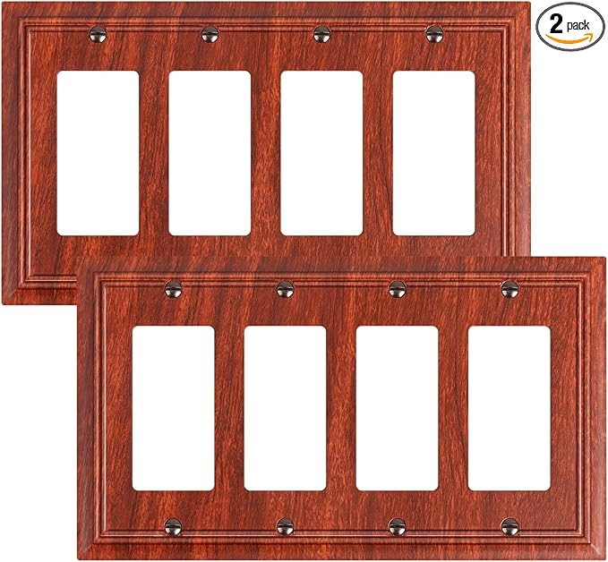2-Pack Quad Decorator Outlet Cover Plate, Wood Grain Decorative Switch Plates and Outlet Covers, Natural Bamboo Fiber 4 Gang Wall Plates for Electrical Outlets, Receptacle, GFCI Outlet, Dimmer Switch