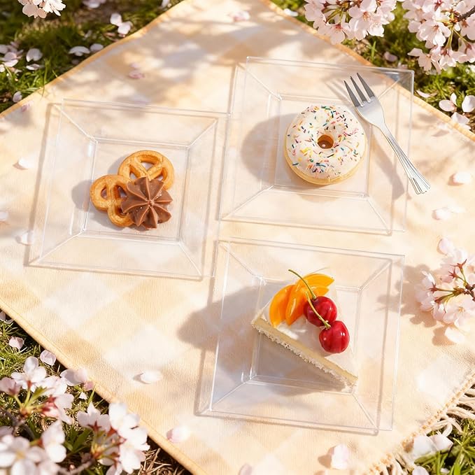 supernal 200pcs Clear Dessert Plates with Silver Dessert Fork, Clear Square Plates, Appetizer Plates,Silver Plastic Silverware, Perfect Choice for Wedding and Party