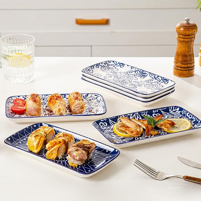 Ceramic Rectangle Salad Plates Set - 8.1" x 4.5" Rectangular Serving Platter - Serving Trays for Sushi Dinner Dessert Pasta Appetizer - Oven Microwave Dishwasher Safe - Set of 6 - Vintage Blue
