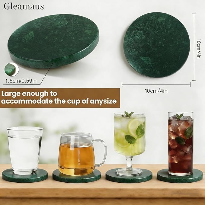Natural Marble Coasters, Round Costers, Luxury Aesthetic Modern Decor for Coffee Table Bar Kitchen Home, Green Marble, Real Natural Semi Absorbent Stone Coasters