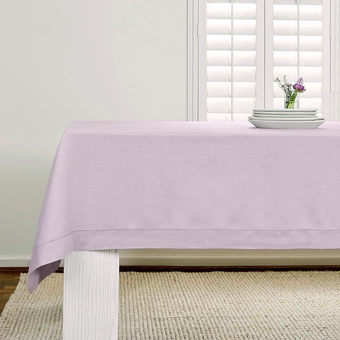 Solino Home Lilac Linen Tablecloth 60 x 144 Inch - 100% Pure Linen Hemstitch Table Cloth for Rectangle Tables - Classic Hemstitch, Machine Washable Tablecloth for Valentines, Spring, Easter