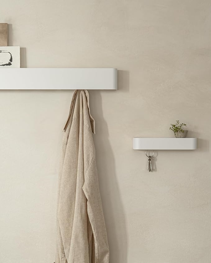 Kazai.® Coat Rack Wall Mount with Shelf 'Tone' | Modern Design Coat Hanger with Hidden Hooks and Storage | Hat Rack with Shelf in Metal | Wall-Mounted Purse Organizer | White