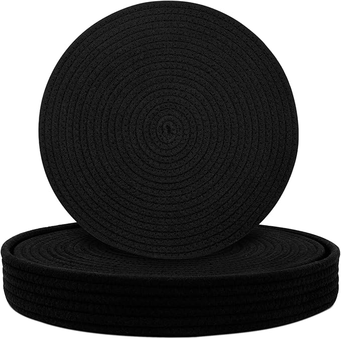 Round Placemats Set of 6 with Holder, Cotton Rope Woven Place Mats, Hot Pads for Kitchen, Heat Resistant Table Mats, 13 Inch Farmhouse Washable Braided Placemat for Kitchen Decor (Black)