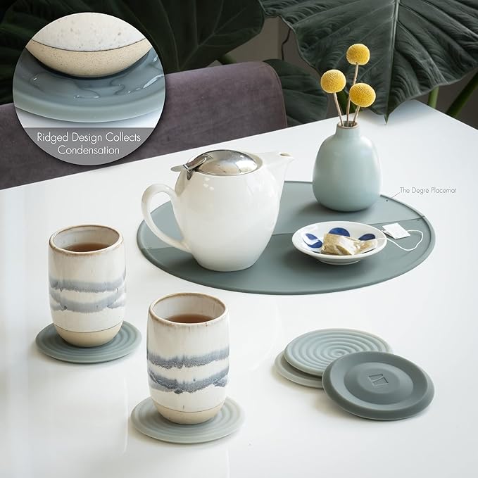 The Degrē Coasters XL (Indigo Wash, Set of 6) by LINE+ARC. 10mm Thick, Dishwasher Safe, Stain-Resistant, Outdoor, Coffee Table, Silicone, Modern, Mid Century, Drink, Non-Absorbent, Housewarming Gift