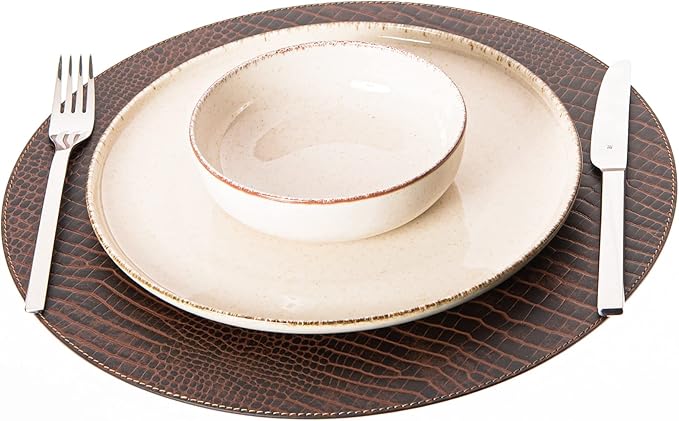 Nikalaz Round Placemats Set (Pack of 4) Recycled Leather Table Mats 15 inches, Kitchen Dining Table Decor by Nikalaz (Crockodile)