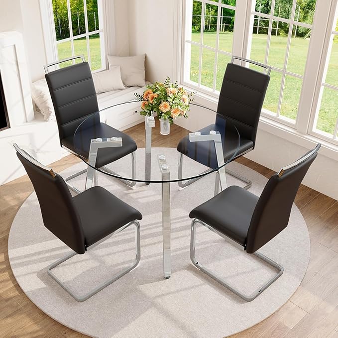 42" Round Glass Dining Table Set for 4,Modern Breakfast Table Set for 4 with Silver Chrome Legs,Space Saving Kitchen Table and Black Chairs for Apartment,Easy Assembly