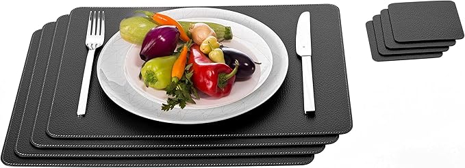 Nikalaz Set of Black Placemats and Coasters, 4 Table Mats and 4 Coasters, Recycled Leather, 18'' x 13''