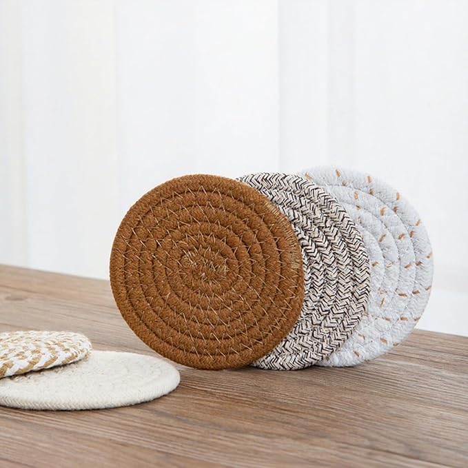8 Pcs Drink Coasters with Holder, Handwoven Cotton Coasters Set Stackable Absorbent Minimalist Home Decor for Table, Cup, Mug (Brown)