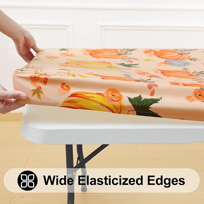 Smiry Plastic Thanksgiving Tablecloth, Pumpkin Wipeable Flannel Backed Vinyl Tablecloths for 4 Foot Tables, Waterproof Elastic Fitted Table Covers for Autumn Harvest, Parties (Orange, 30x48 Inches)