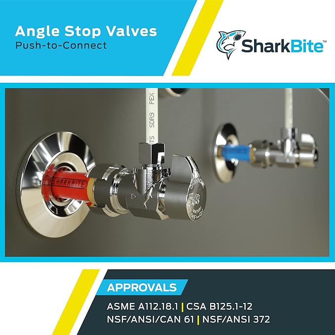 SharkBite 1/2 x 3/8 Inch Compression Angle Stop Valve, Pack of 4, Quarter Turn, Push to Connect Brass Plumbing Fitting, PEX Pipe, Copper, CPVC, PE-RT, HDPE, 23036LFA4