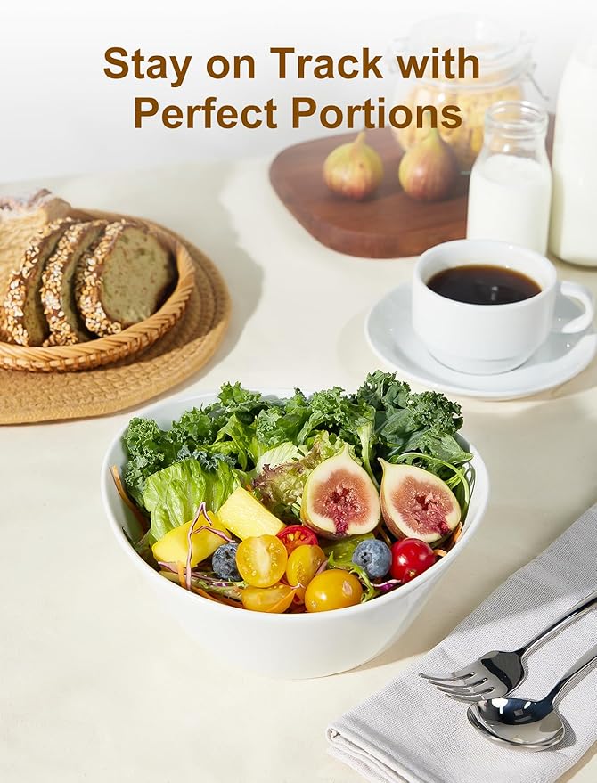 Yedio Salad Bowls Set, 40 Ounces Porcelain Serving Bowls for Kitchen, Large White Bowls for Soup, Oatmeal, Pasta, Snacks, Set of 2, Microwave Dishwasher Safe