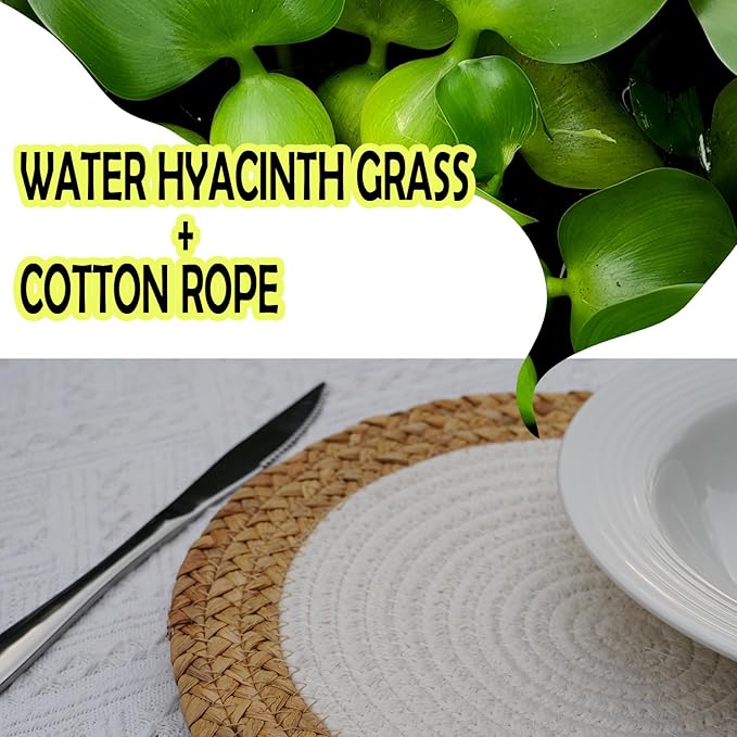 ANDSTAR Round Woven Placemats Set of 4, 12"x12", Natural Wicker Placemats, Water Hyacinth Straw Braided Placemats,Boho Place Mats for Farmhouse, Rustic Table (Water Hyacinth + White Cotton Rope)