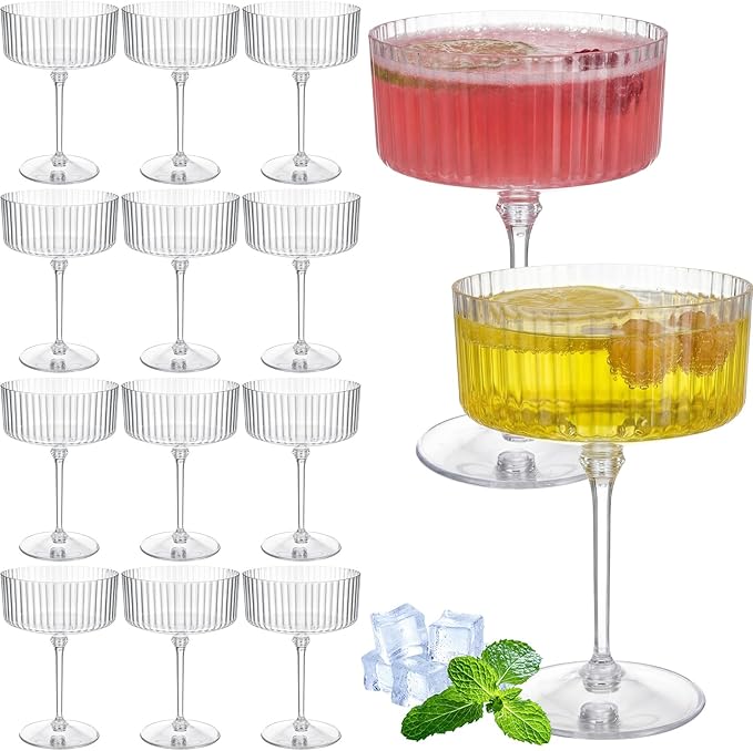 12 Pcs Ribbed Martini Glasses 10 oz Disposable Plastic Vintage Ribbed Coupe Glasses Unbreakable Dessert Parfait Glassware for Wedding Birthday Party Supplies (Clear)