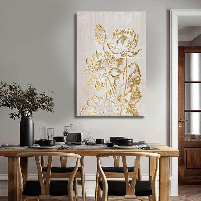 YJYart Plant Canvas Wall Art Flower Wall Decor Gold Wall Decorations 24"x36" Office Art Posters Oil Painting for Bedroom Kitchen