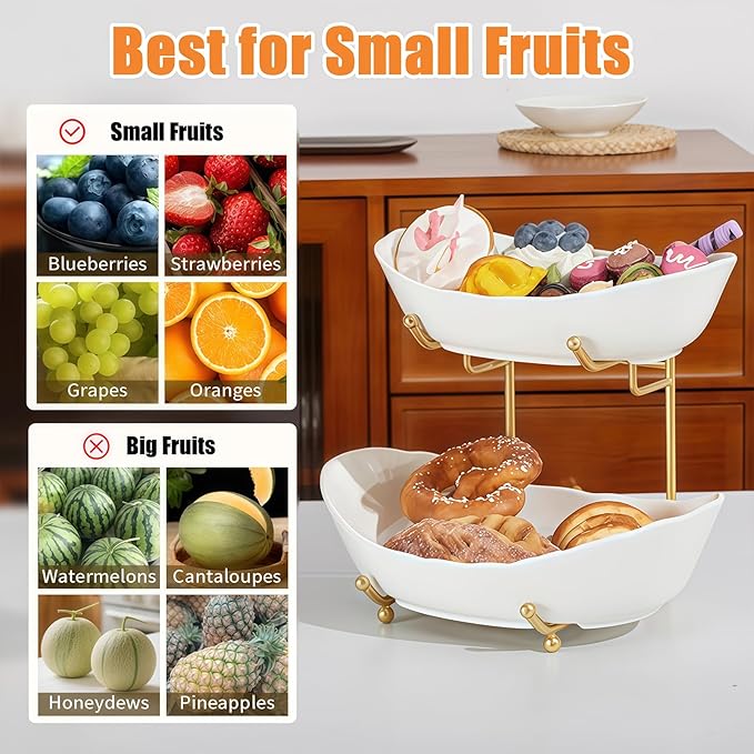 2 Tier Ceramic Fruit Bowl for Kitchen Counter, Tiered Fruit Basket for Countertop, Modern Multi Layer Fruit Display Stand for Party, Cute (Gold&White, Large)