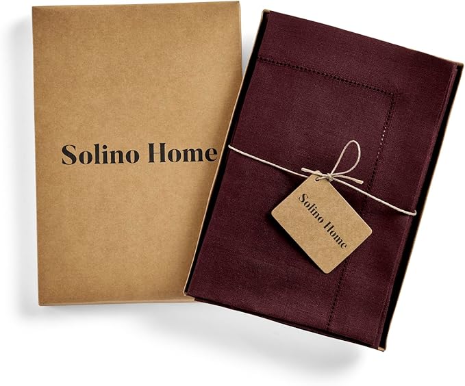 Solino Home Linen Cloth Napkins Set of 4-100% Pure Linen Burgundy Dinner Napkins 20 x 20 Inch for Valentines, Winter - Classic Hemstitch, Handcrafted and Machine Washable