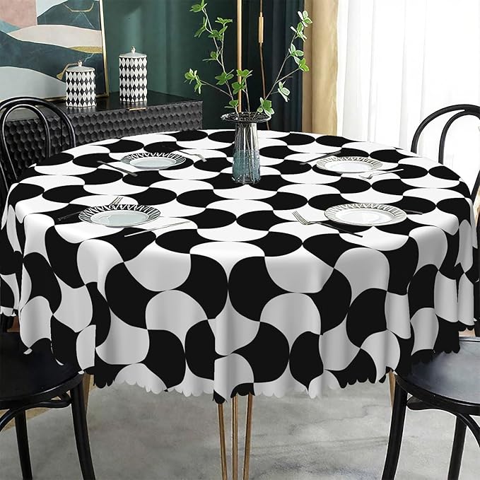 Laeacco 70 Inch Geometric Round Tablecloth Black and White Abstract Pattern Modern Art Print Table Cloth Washable Waterproof Wrinkle Free Table Cover for Kitchen Dining Picnic Party Decoration