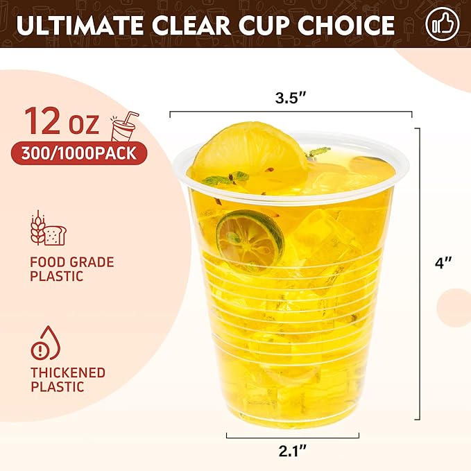 YEEHAW 12 oz Plastic Cups, 300 Pack - Clear Disposable Drinking Cups for Cold Beverages, Transparent Party Cups, BPA-Free