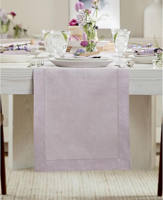 Solino Home Linen Table Runner 36 Inches - 100% Pure Linen Lilac Hemstitch Table Runner 14 x 36 Inch Ideal for Dresser and Coffee Tables, Valentines, Spring, Easter - Classic Hemstitch