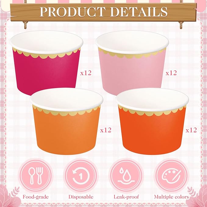Zopeal 48 Pcs Pink and Orange Disposable Ice Cream Bowls 9oz Pink and Orange Gradient Color Paper Snack Cups with Gold Scallop for Parties, Weddings, Baby Showers, Desserts, Yogurt, and Salads