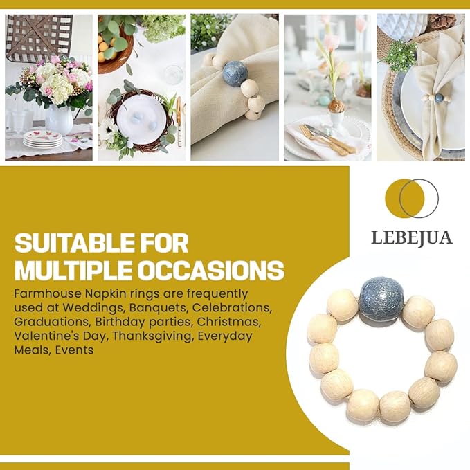 Napkin Rings Set of 6 - Wooden Beads Napkin Rings | Rustic Wooden Napkin Ring Holder for Table Decoration | Handmade LEBEJUA Napkin Ring with Wood Beads & Jute Twine Farmhouse Napkin Holder Boho Style
