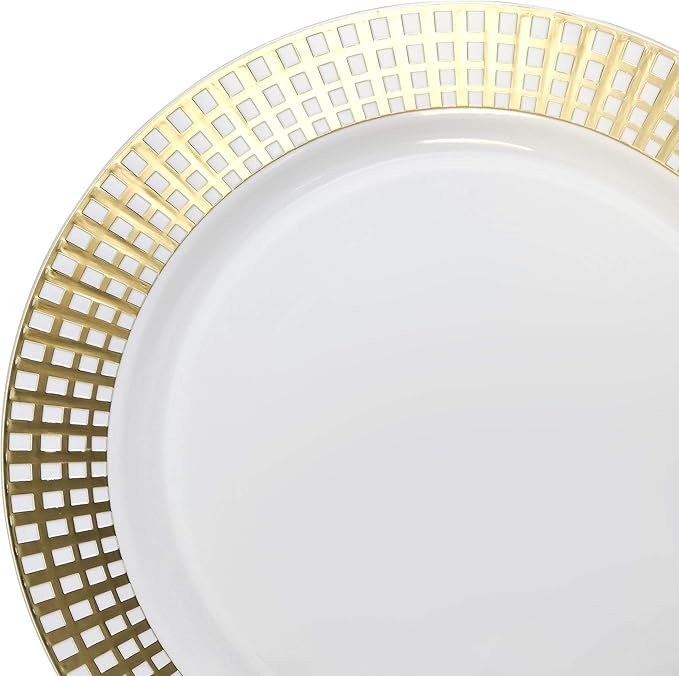 OCCASIONS 120 Plates Pack,(60 Guests) Premium Wedding Party Disposable Plastic Plates Set -60 x 10.25'' Dinner + 60 x 7.5'' Salad/Dessert(Princess White/Gold)
