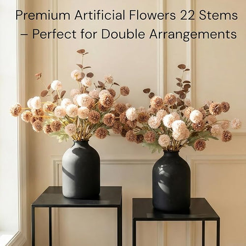 22pcs Artificial Beige & Brown Kiku Flowers with Eucalyptus Stems Bulk, Faux Silk Mum Pom Poms for Vase, Modern Farmhouse Boho Home Decor, Realistic Floral Centerpiece for Kitchen & Living Room