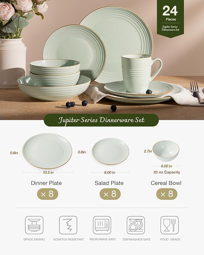 Famiware Jupiter Dinnerware Set, Plates and Bowls Dish Sets for 8 (24 Pieces), Microwave and Dishwasher Safe Stoneware Speckled Tableware, Chip and Scratch Resistant, Light Green