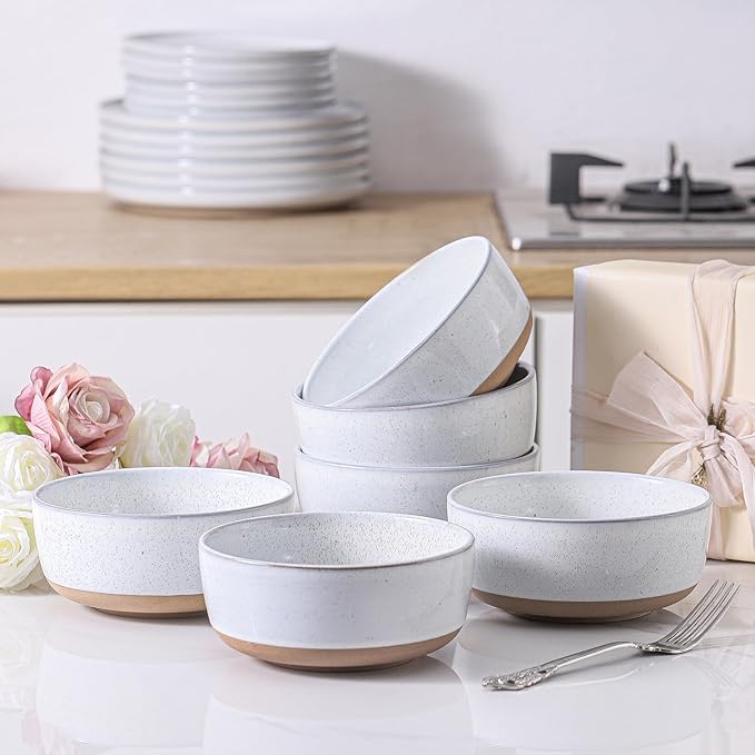 HASENSE 30 OZ Cereal Bowls, Porcelain Soup Bowls for Kitchen, 6 Inch Ceramic Cereal Bowls Set of 6 for Soup, Cereal, Oatmeal and Rice, Microwave and Dishwasher Safe, Bluish White