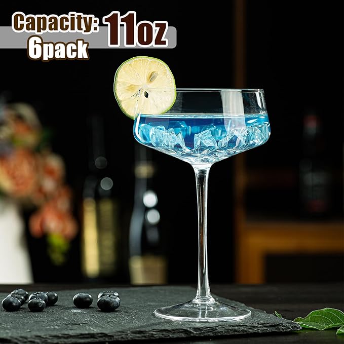 Crystal Martini Glasses Set of 6, 11 oz Coupe Glasses, Classic Cocktail Glasses, Elegant Hand Blown Crystal Manhattan Goblet for Bar, Martini, Cosmopolitan, Gimlet