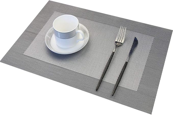 Vinyl Placemats Heat-Resistant Table Mats Washable Easy Clean Plastic Placemats for Dining Table Set of 4 (Dark Silver)