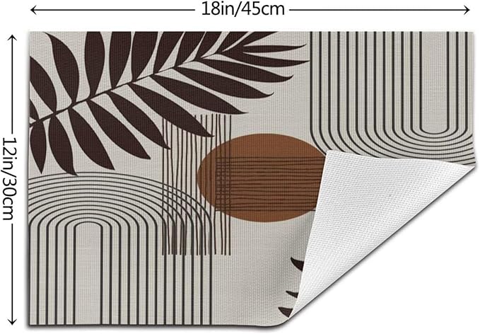 Mid Century Abstract Boho Placemats Geometric Neutral Beige Modern Leaf Plant Semicircle Art Washable Place Mats 12x18Inch for Dining Kitchen Farmhouse Decor 4 PCS