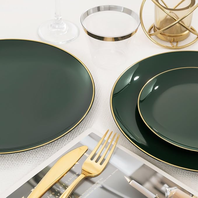 WDF 150Pcs Green Plastic Plates - Green Plates Disposable with Gold Rim - 25Guest Disposable Dinnerware Include 50 Plastic Plate, 75 Gold Cutlery & 25 9oz Cups for St. Patrick's Day